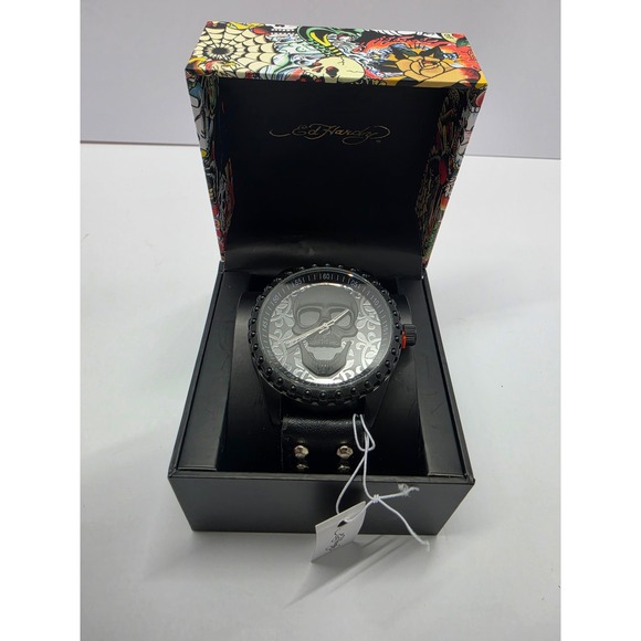 Ed Hardy Other - Ed Hardy Mens Skull Watch Black Leather Cuff Studded Strap 3D Dial New in Box